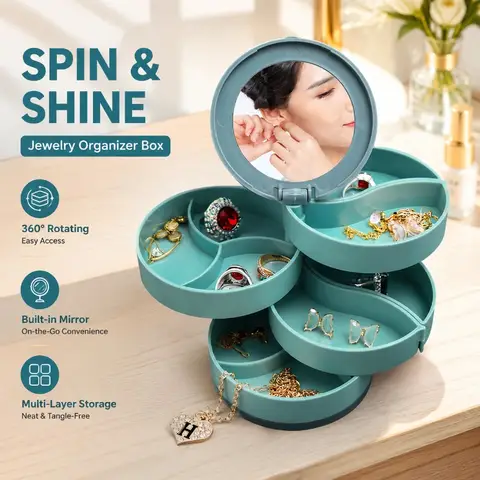 Spinning jewelry tower with mirror
